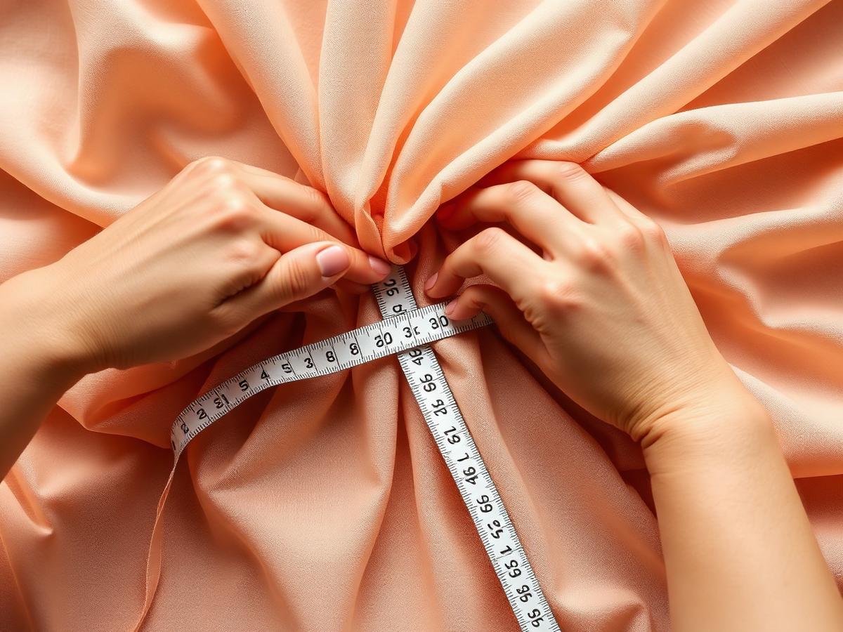 Hands measuring voile turban fabric with a tape measure before sewing the centre seam